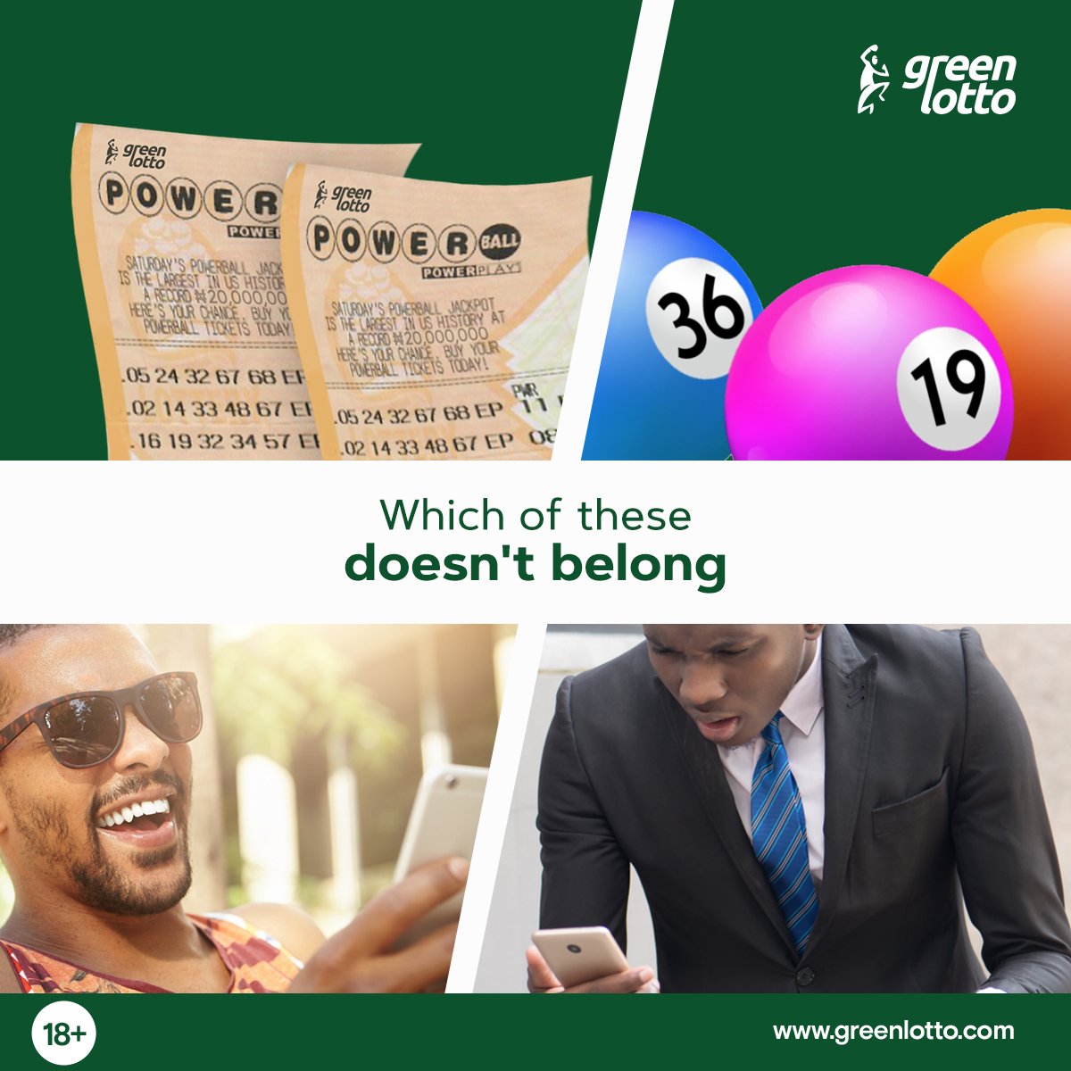 One do these does not belong. Which one is it?

#GoGreen #GreenConvo #Winners #PowerBall https://t.co/mZ2k3sDQbV