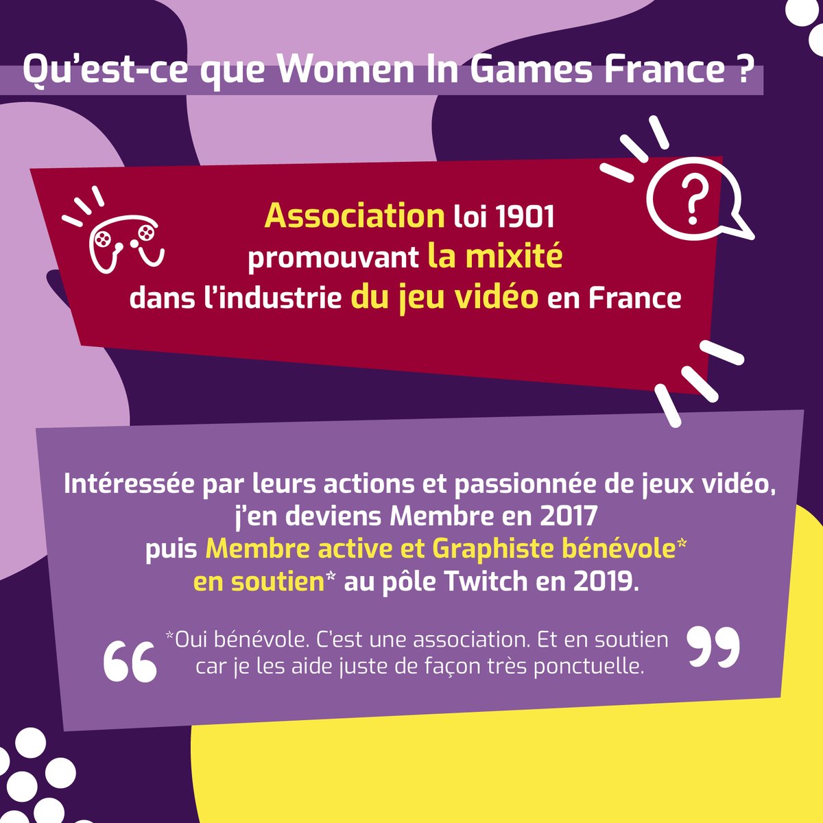 DaphneeGraphist's tweet image. Women in Games France @wig_fr est une association promouvant la mixité dans l'industrie du jeu vidéo en France.
Intéressée par leurs actions et passionnée de jeux vidéo, j'en deviens Membre de en 2017 puis Membre active en tant que Graphiste bénévole en soutien au pôle Twitch.