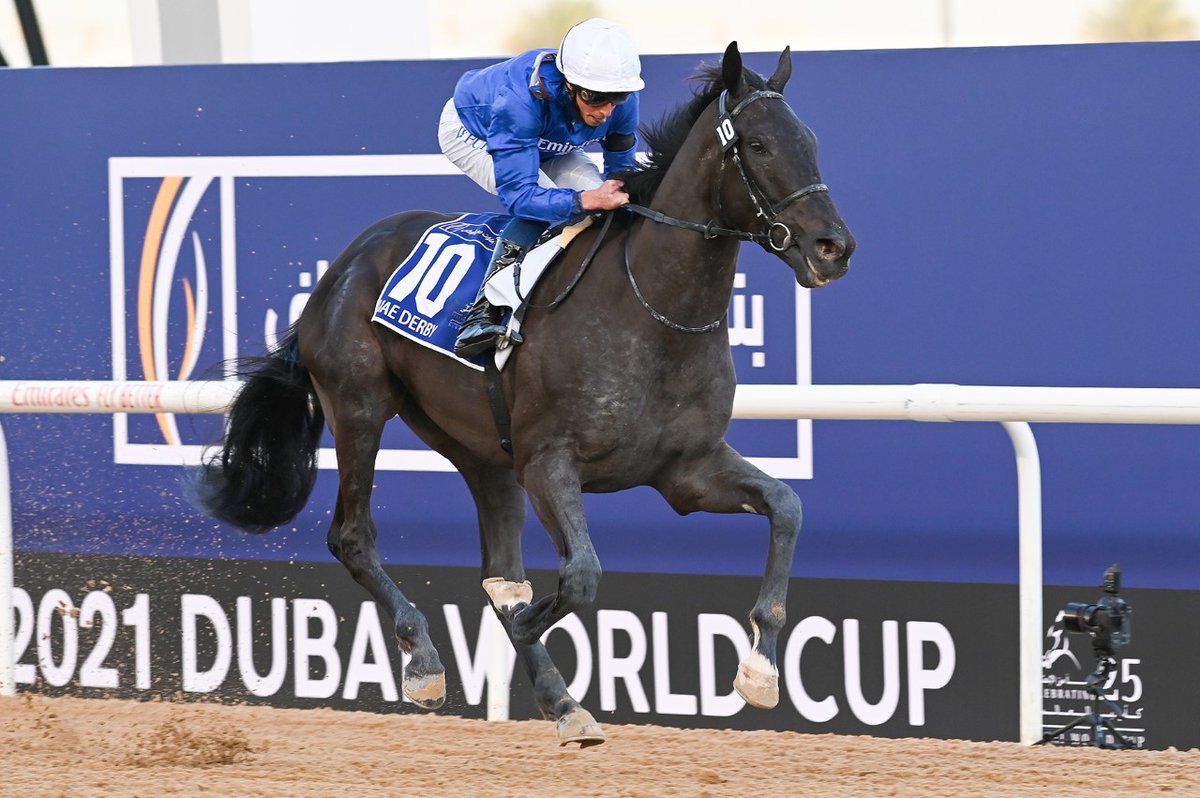 DubaiWorldCup's tweet photo. Rebel’s Romance 🇮🇪 (Charlie Appleby – William Buick) wins the UAE Derby Sponsored By @EmiratesNBD_AE , Thoroughbred G2, race at the 25th #DubaiWorldCup on March, 2021. #MeydanRacing https://t.co/VJjIlW3Smp