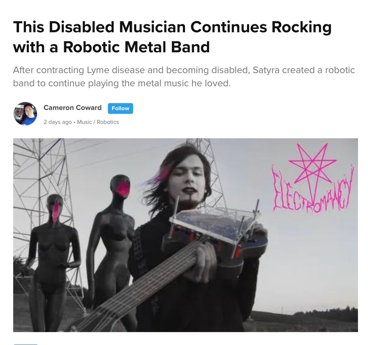 RobotMetalBand's tweet photo. WOW thanks for the supercool online feature @hacksterio 
🗨️💀🗨️💀

"Instead of abandoning his music, Satyra turned to technology. They may not have been able to play the guitar anymore, but he could use robots to continue making music." ⚡ https://t.co/9bKA0GDH3i