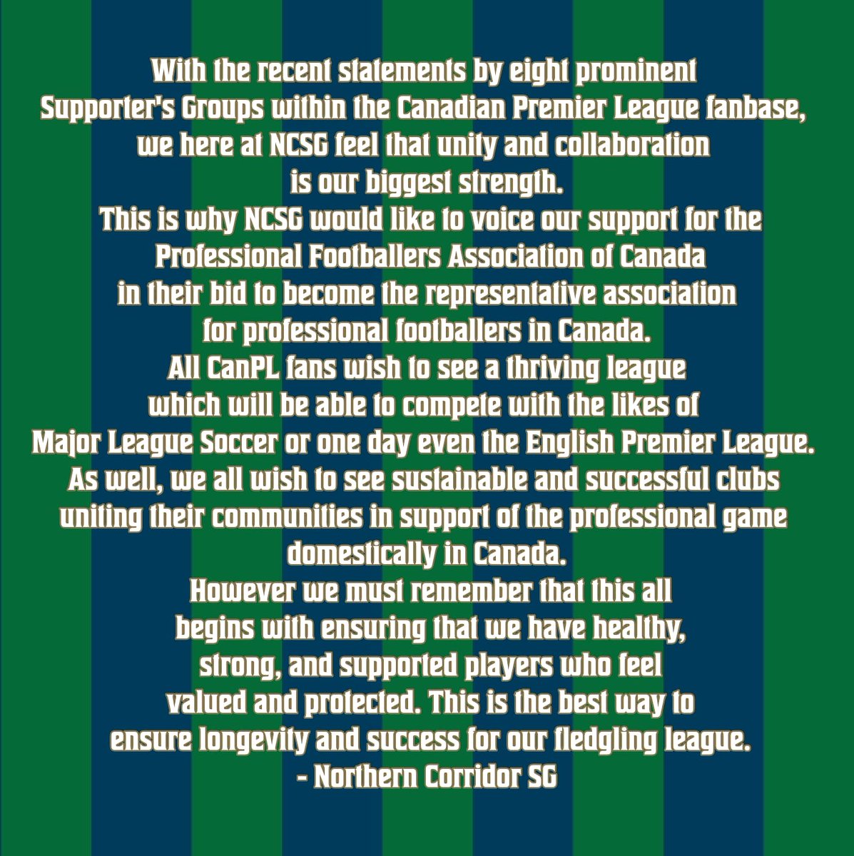 NCSGYU's tweet image. Our statement.
#RecognizePFACan #pfacanada #canpl #united #northerncorridor #footballsupporters #soccersupporters