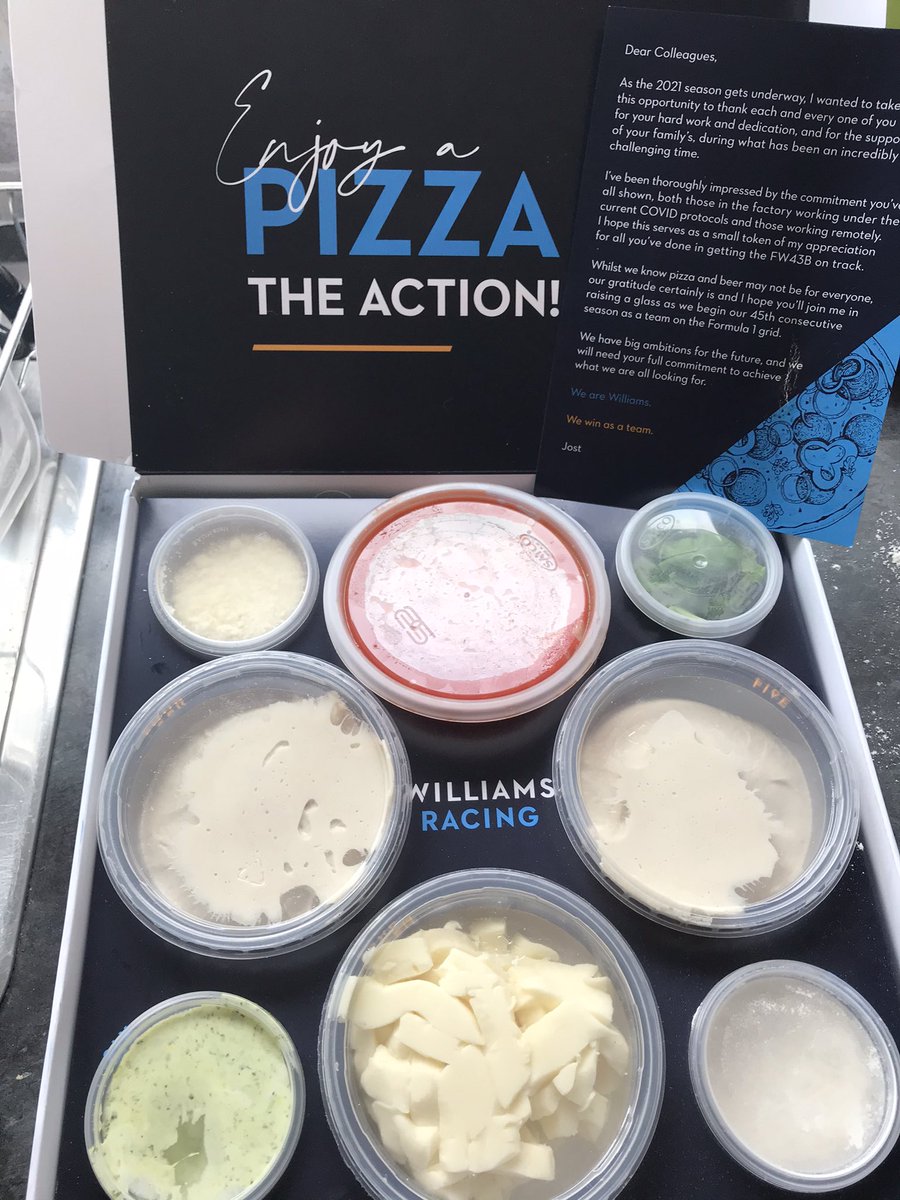 graemehackland's tweet photo. Weβre ready for the first qualifying of the new season! Thanks @WilliamsRacing and @pizzapilgrims for our #pizzainthepost https://t.co/1Ymo1gbHUE