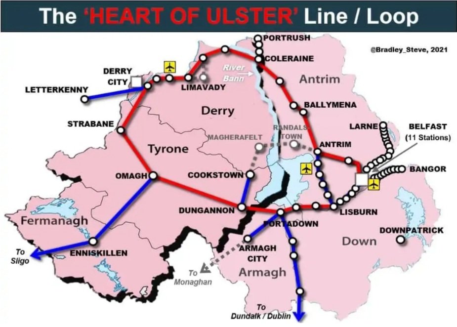 bradley_steve's tweet photo. Part 2 of my article on @SluggerOToole re NI's East-West infrastructure disparity/apartheid looks at solutions from a rail perspective. A sum of c.£2bn would completely revolutionise public transport in NI - connecting every key town &amp; airport east &amp; west

https://t.co/GrgO54S4M4 https://t.co/IGdORsV2W1