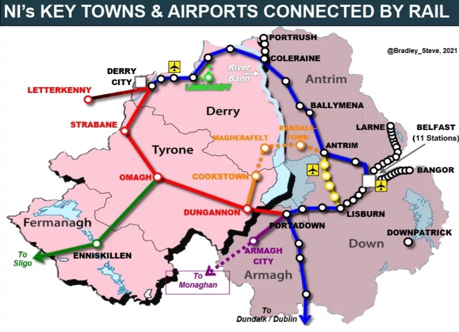 bradley_steve's tweet photo. Part 2 of my article on @SluggerOToole re NI's East-West infrastructure disparity/apartheid looks at solutions from a rail perspective. A sum of c.£2bn would completely revolutionise public transport in NI - connecting every key town &amp; airport east &amp; west

https://t.co/GrgO54S4M4 https://t.co/IGdORsV2W1