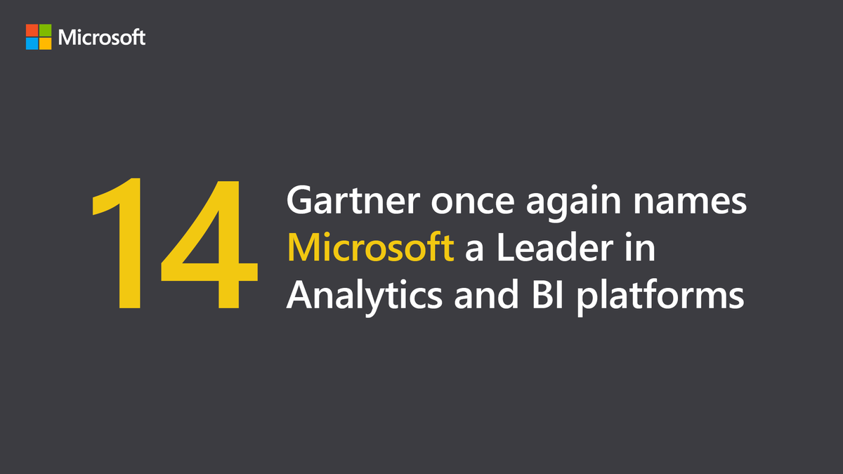MSPowerBI's tweet photo. For the fourteenth year in a row, Microsoft has been named as a BI Leader. Learn more in the @Gartner_inc 2021 Magic Quadrant for Analytics and Business Intelligence Platforms report: https://t.co/KcoZ8yfDF6 #PowerBI https://t.co/TuIv7AM26Z
