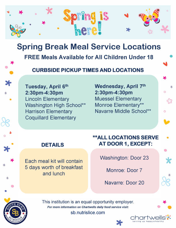 SouthBendCSC's tweet photo. Be sure to pick up meals on April 6 or 7 during Spring Break! These will be the only days to do so. Each kit contains five breakfasts and five lunches. https://t.co/QUK5PsruMa