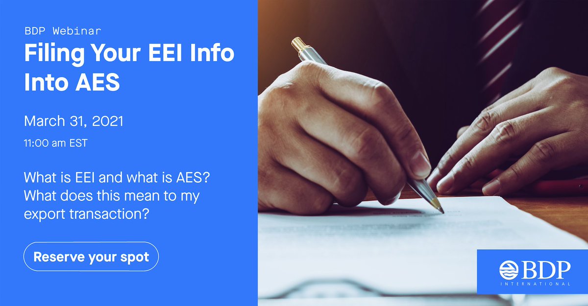 PSABDPWorld's tweet photo. What is EEI and what is AES? What does this mean to my export transaction? How do you comply with the requirements? Join us on March 31 for our Filing Your EEI Info Into AES webinar! Register at: https://t.co/tCCKZeQEai.
#EEI #AES #FilingintoAES #AESFiling #ExportTransaction https://t.co/p8nIyW6o32