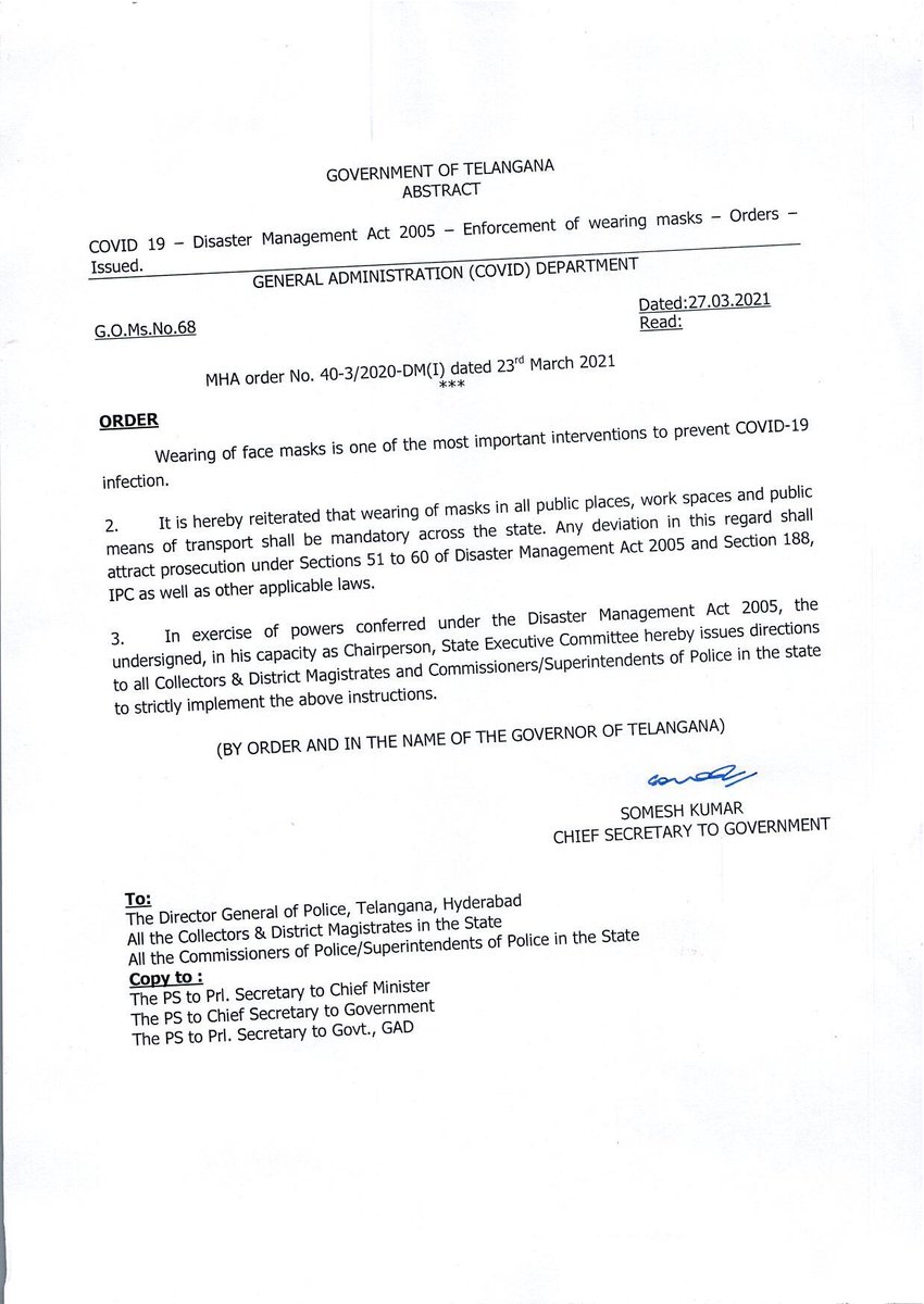 State Govt. today reiterated that wearing masks in all public places, work spaces and public means of transport is mandatory and any deviation in this regard will attract prosecution under relevant sections of Disaster Management Act, 2005 and IPC.