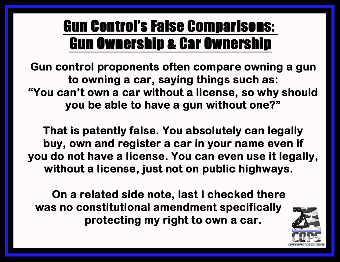 2ACops's tweet photo. Here is #2 in the series - yet another absolutely false comparison debunked.

This might be a valid comparison for a CCW to carry a gun in public, not simple ownership.

#2A #GunRights #GunRightsAreWomensRights #GunRightsAreCivilRights #ShallNotBeInfriged #CopsSupportingGunRights https://t.co/fUUGtTmzmr