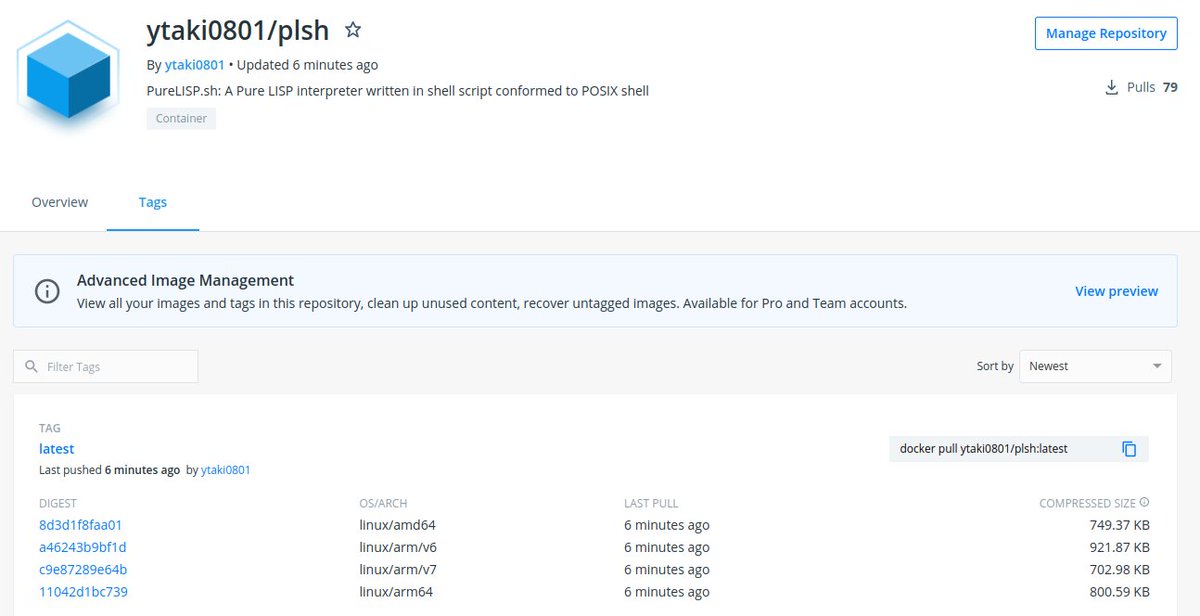 ytaki0801's tweet image. #PureLISP_sh を #Docker #Busybox base imageに組み込んで #DockerHub で公開する #GitHub Actionsを設定． #POSIX #シェルスクリプト ならではのマルチアーキテクチャ対応＆1MB程度のイメージサイズ． #LISP #programming #プログラミング 

hub.docker.com/r/ytaki0801/pl…
