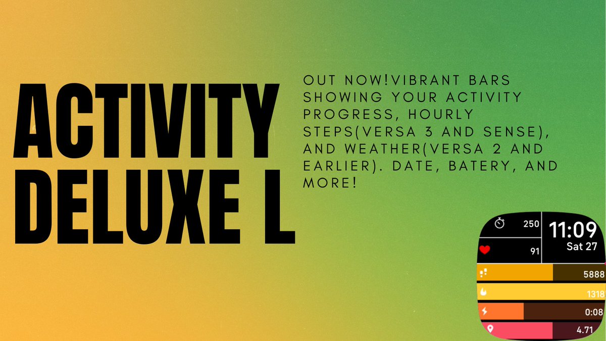 mayerdevstudios's tweet image. Activity Deluxe L is out! Featuring vibrant activity bars, weather(Versa 2 and earlier), hourly steps(Versa 3 and Sense), date, battery, and more, you'll want to get it today! Download now at: bit.ly/2WUzy01
#made4fitbit #fitbit #FitbitVersa3 #FitbitSense #FitbitVersa