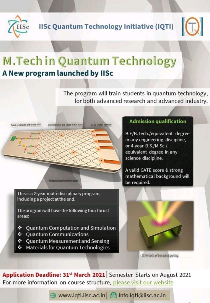 ArindamPhysics's tweet photo. Official announcement of the MTech program in Quantum Technology in IISC. PL note the deadline. https://t.co/Y9e6wcDAGu
