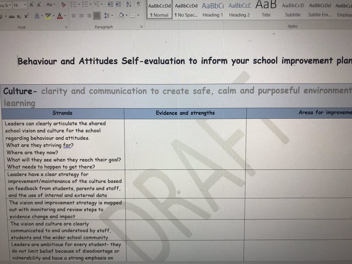 SusieBW1's tweet photo. Hoping that this new behaviour and attitudes school self evaluation works!! Still in draft but brings @tombennett71 work on culture together with the O framework. Taking a break now as it’s already 14 pages long and it’s Saturday! 👍🙂 https://t.co/Yl6XstqJiG