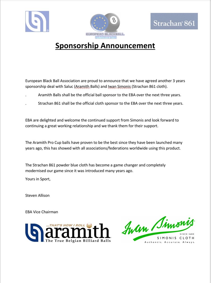 ebapool's tweet photo. The European Blackball Association is delighted to announce the continuation of our sponsorship deals with Saluc and Iwan Simonis.
#blackballpoool #8ball #pool
#Europe #EBA #Aramith #Simonis https://t.co/KX5UHuh7XG