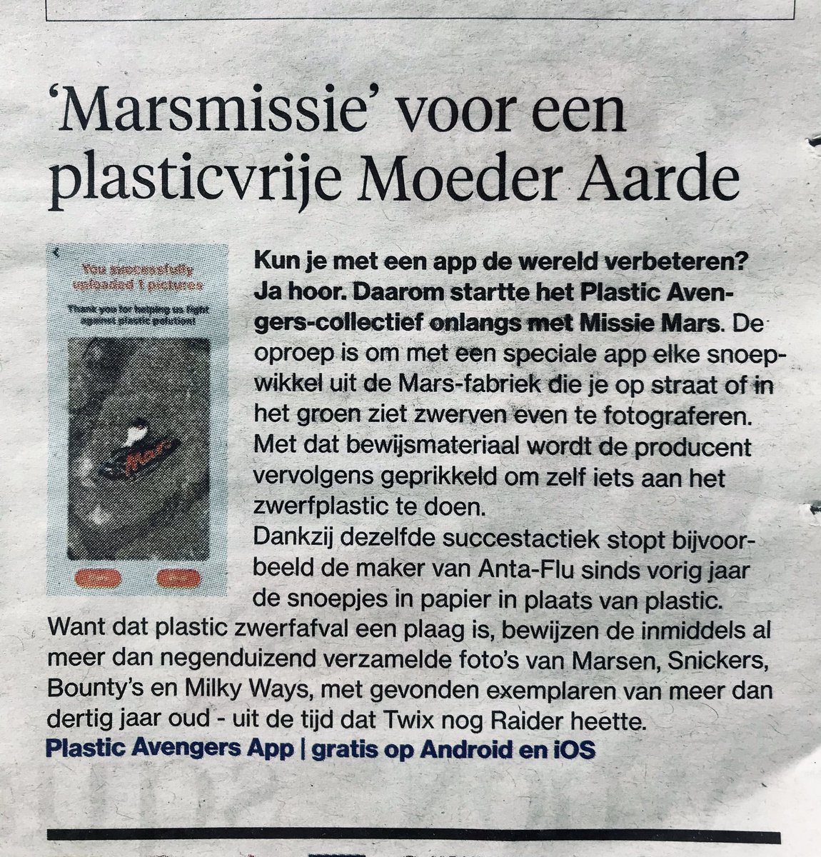 bij 1.34 miljoen mensen op de mat!
Plastic Avengers App in het <a href="/ADnl/">AD.nl</a> 

Help mee: ‘Marsmissie voor een Plastic Vrije Moederaarde’ 
Download de <a href="/Incentro_/">Incentro</a>  app!

Al +9k foto’s van Marswikkels. Verschil maken eenvoudiger dan ooit: gratis, geen account: klik &amp; klaar
<a href="/zwerfinator/">Zwerfinator</a>