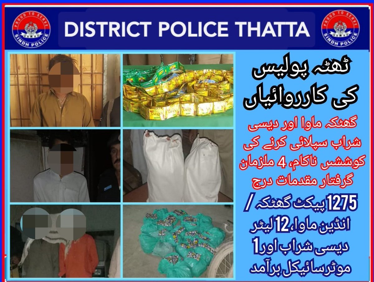 Thatta Police has averted an attempt of transportation of Contraband items @ different areas of District, arrested 04 accused persons, recovered 1275 packets Indian Gutka, 12 litres local wine &amp; 1 Motorcycle and Case registered.
