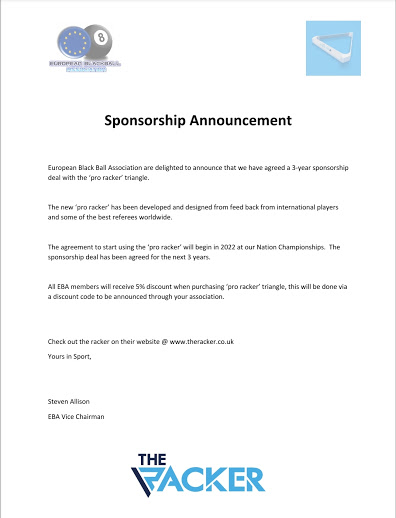 The European Blackball Association is delighted to announce the continuation of our sponsorship deal for another three years with the Pro Racker Triangle. #blackballpoool #8ball #pool
#Europe #EBA #theRacker