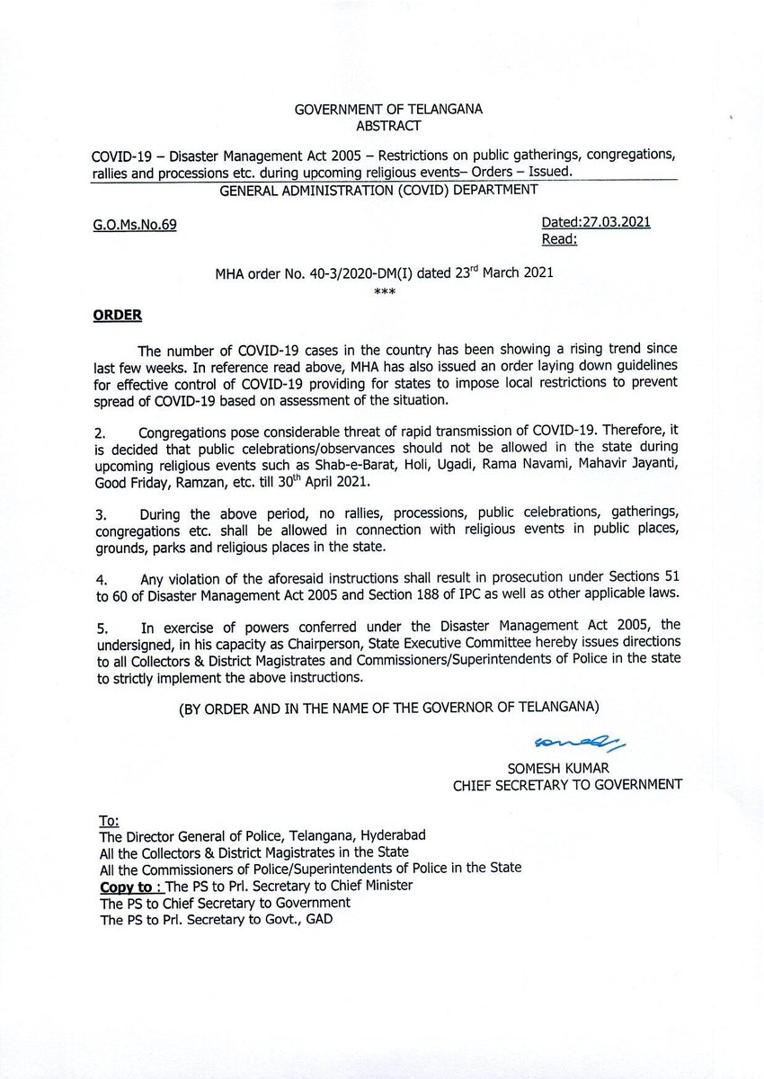 As congregations pose considerable threat of rapid transmission of #COVID19, Govt. decided not to allow rallies, processions, public celebrations, gatherings etc. in connection with religious events in public places, grounds, parks in the State till 30th April, 2021.