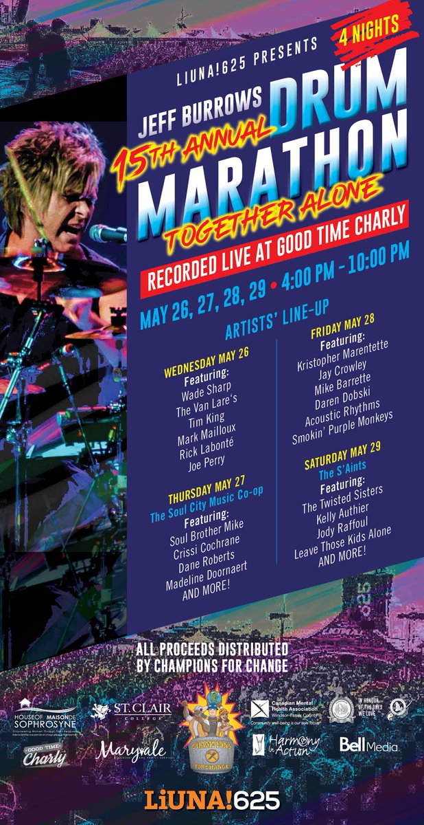 Happy WEEKEND friends!
Please consider #donating to my 15th Annual Drum Marathon for some of our incredible #mentalhealth initiatives - Presented by <a href="/liuna625/">LiUNA! 625</a>. 
All the best!
J. ❤️ windsoressex.cmha.ca/drum-marathon/…