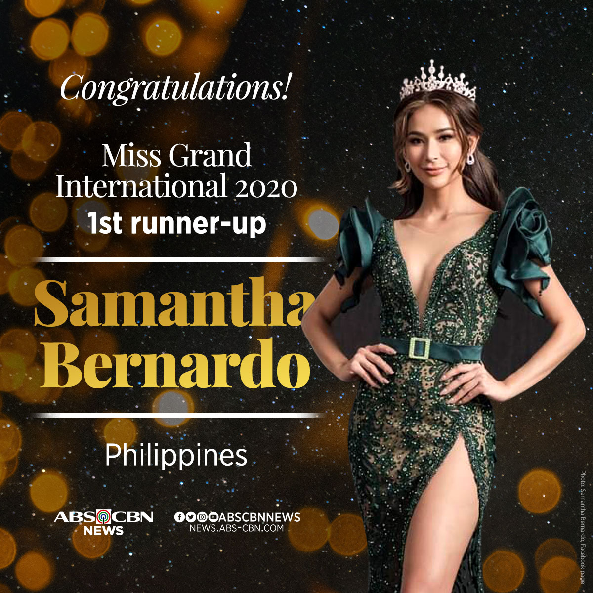 ABSCBNNews's tweet photo. JUST IN: Samantha Bernardo is crowned as the first runner up of Miss Grand International 2020. https://t.co/6z45wW7fjT