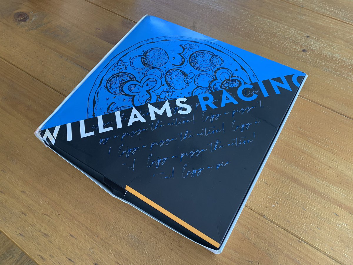 TheOrmerod's tweet photo. Nice touch @WilliamsRacing @pizzapilgrims. Now ready for the start of my 19th season in F1! #pizzainthepost https://t.co/1Z3xo1jIJy