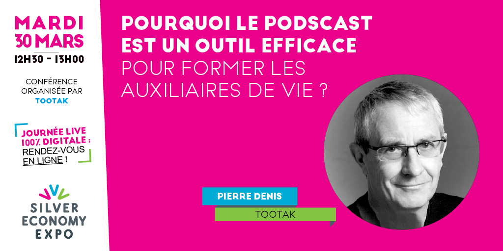 SilverXpo's tweet photo. A l'occasion de notre journée Live #SilverExpo, le 30 mars, à 12h30, @Pierre_Denis_ (@tootak_audio) vous dira pourquoi le #podcast est un outil efficace pour former les auxiliaires de vie. https://t.co/FzW41qXPmC #SAP #AuxiliairesDeVie #SilverEco https://t.co/fkAnU78GKn