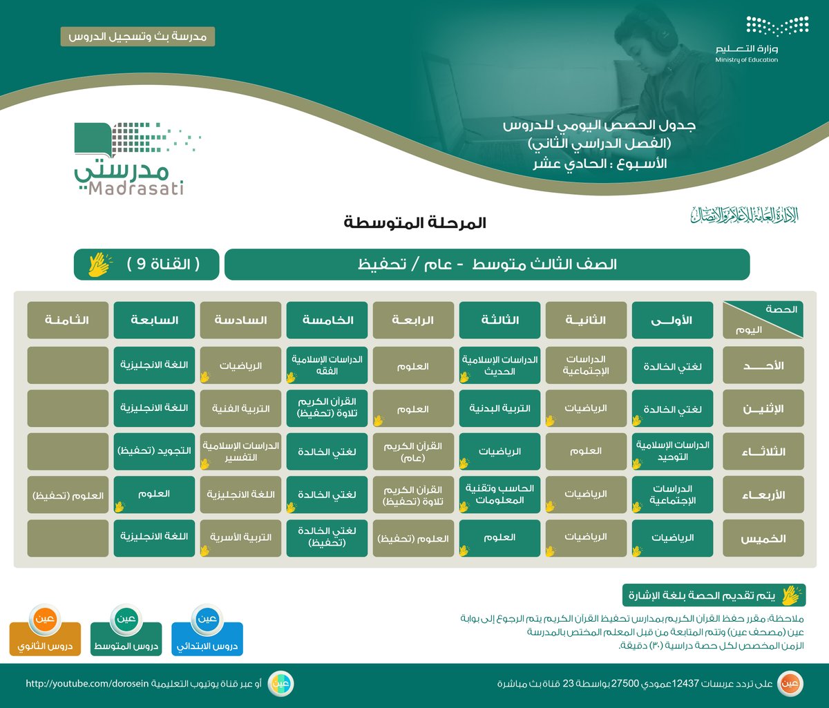جدول دروس الحصص اليومية للصفوف (الأول والثاني والثالث المتوسط) من الأسبوع الحادي عشر للفصل الدراسي الثاني، عبر #قنوات_عين على تردد عربسات 12437، فى بث مباشر من الساعة 9 صباحاً، ويُعاد طوال اليوم، أو عبر رابط القناة على اليوتيوب: 
⁦ youtube.com/dorosien
