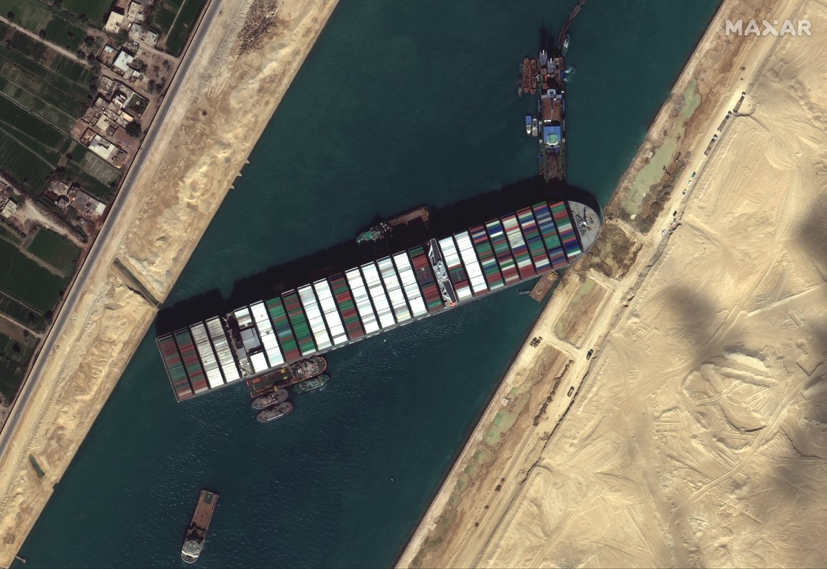 Maxar’s WorldView-3 satellite collected high-resolution imagery of the Suez Canal this morning, with the latest efforts in progress to free the grounded EVER GIVEN container ship. 

Satellite image ©2021 Maxar Technologies: