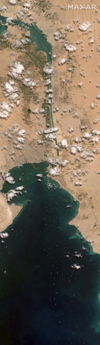 NASASpaceflight's tweet photo. Additionally, Maxar’s WorldView-2 satellite collected a large area (nearly 2,500 square kilometers in one image) along the canal and the Gulf of Suez this morning. More than 120 ships are anchored south of the entrance to the canal.

Satellite image ©2021 Maxar Technologies: https://t.co/5trEmKhPsV