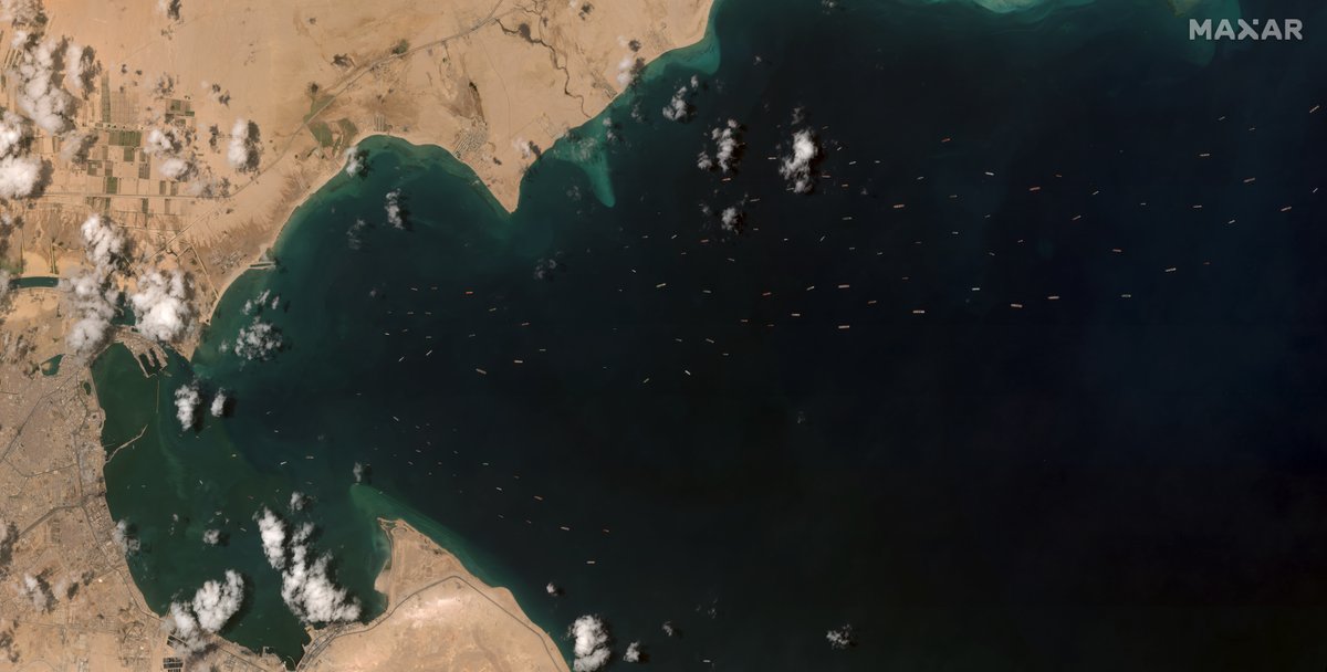 Additionally, Maxar’s WorldView-2 satellite collected a large area (nearly 2,500 square kilometers in one image) along the canal and the Gulf of Suez this morning. More than 120 ships are anchored south of the entrance to the canal.

Satellite image ©2021 Maxar Technologies: