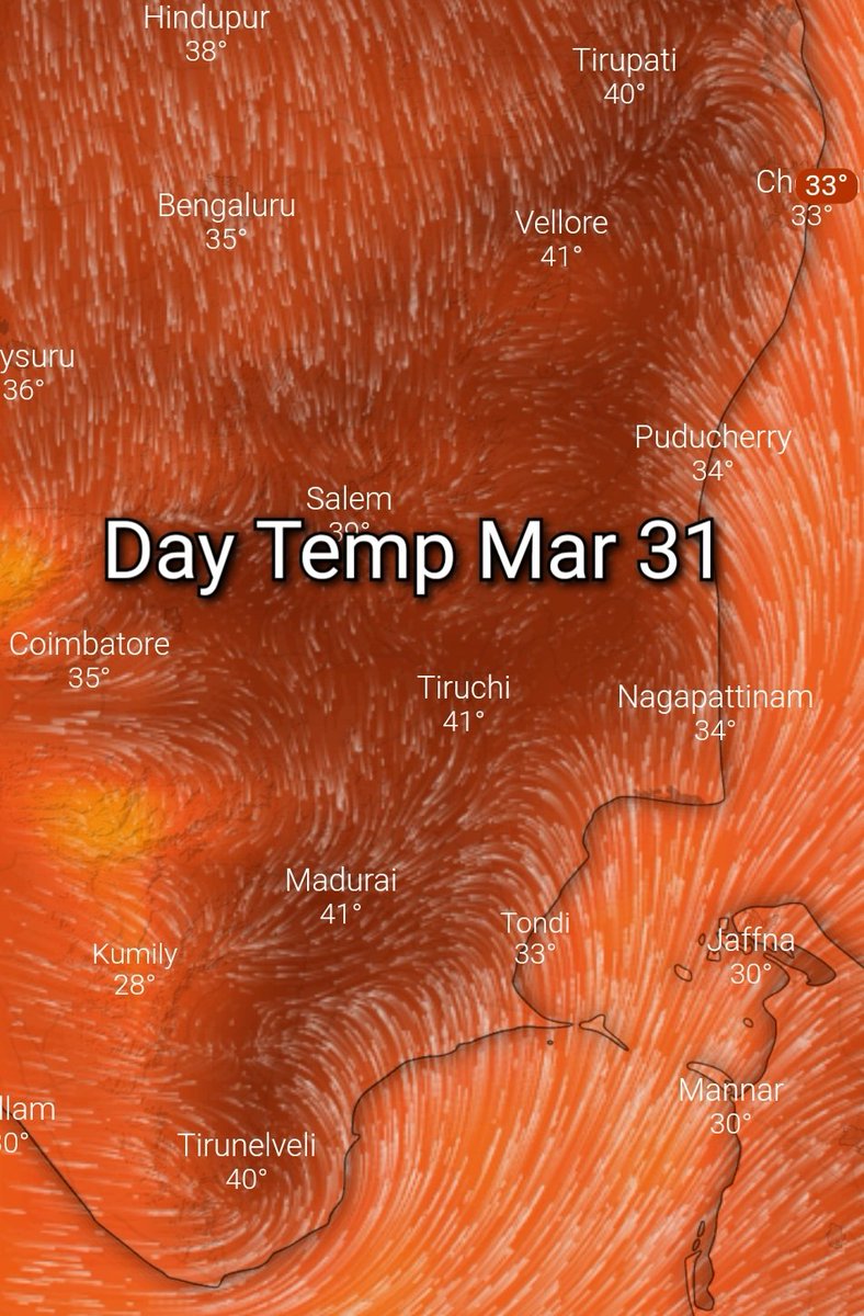 PIW44's tweet photo. ☀️The #daytemperature in North #Tamilnadu to deviate from normal from March 31st. Many places may record >40c.
So far closer to normal day temp were recorded in many places. Due to NW surface wind emergence, which brings land heat from South Andhra Pradesh to North Tamil Nadu! https://t.co/XmPSPhCpSC