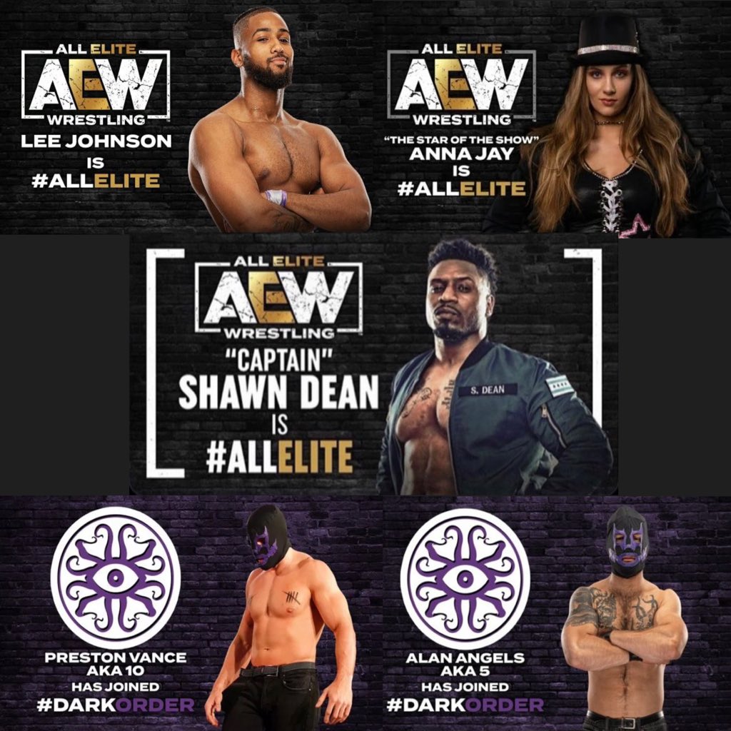 ShawnDean773's tweet photo. Around this time last year this group of 5 started out doing the first set of tapings for @AEW. We are forever tied to that moment...Now a year later we are #AllElite and ready to continue the work!!! #Salute #HitEmWithTheDeal #BigShotty #DarkOrder #QueenSlayer #Pres10 #Vlan https://t.co/rMvheaSIbP