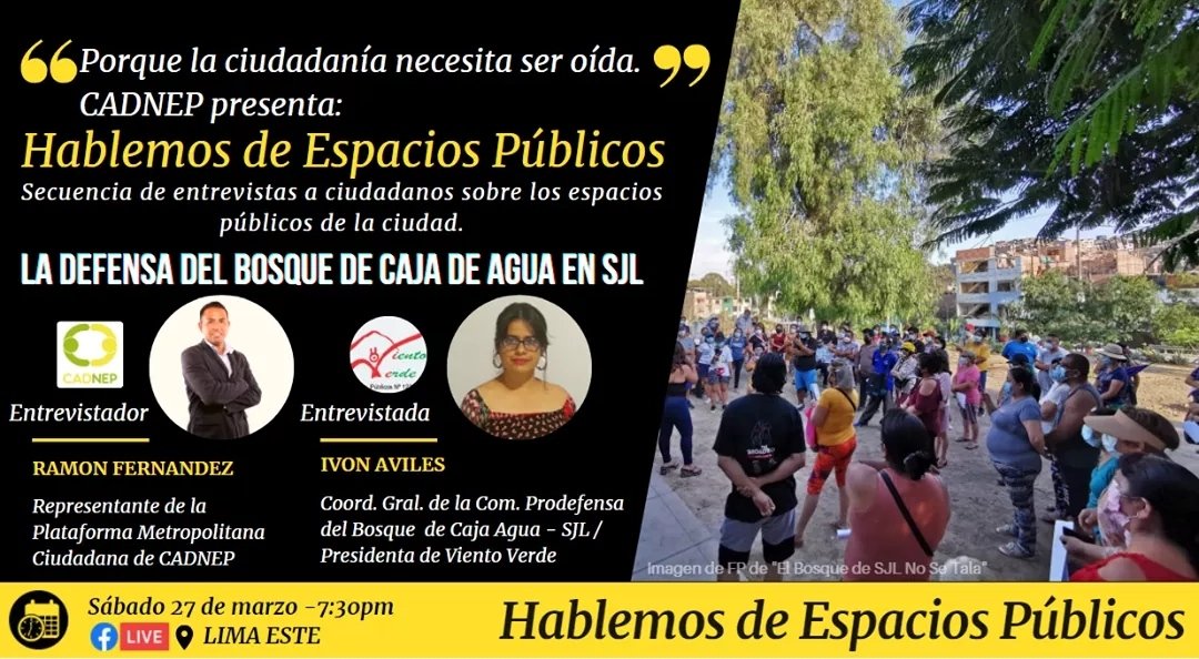 🗣️🚨📢 #3eraSecuencia "Hablemos de Espacios Públicos"
 ▪️ #HABLEMOS DE LA DEFENSA DEL BOSQUE DE CAJA DE AGUA DE SAN JUAN DE LURIGANCHO🌳
👇🗓️sábado 27 de marzo
 🕒 7:30pm 🎦 en vivo.
#EspaciosPublicos #Ciudadania #LimaEste 
<a href="/maralegre/">Mariana Alegre</a> <a href="/Actua_Pe/">Actúa Pe</a> <a href="/DeapiePE/">Peruanos de a pie</a> <a href="/Carlo_Angelesm/">Carlo Angeles</a> <a href="/sjl_muni/">MuniSJL</a>
