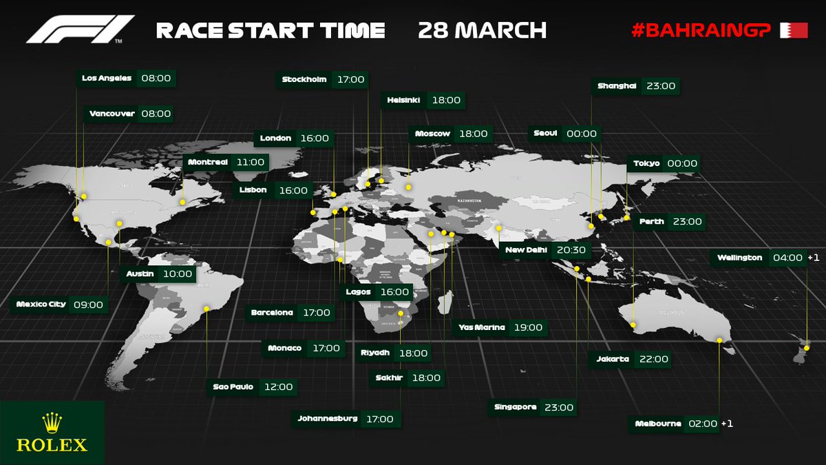 F1's tweet photo. RACE START TIMES: BAHRAIN ⏰

The long wait for our first race of the 2021 season is almost over 🙌

Here's what time the lights go out in your part of the world 👀

#BahrainGP 🇧🇭 #F1 https://t.co/C0CAm6XEW9