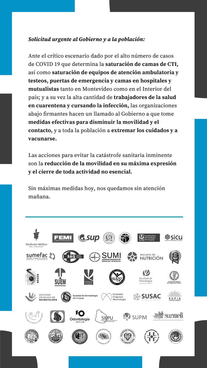 ▶️ Comunicado del #SMU, Sociedades Científicas, y un amplio colectivo de gremios, organizaciones y Facultades de la Salud.
▶️ Sin máximas medidas hoy, nos quedamos sin atención mañana.