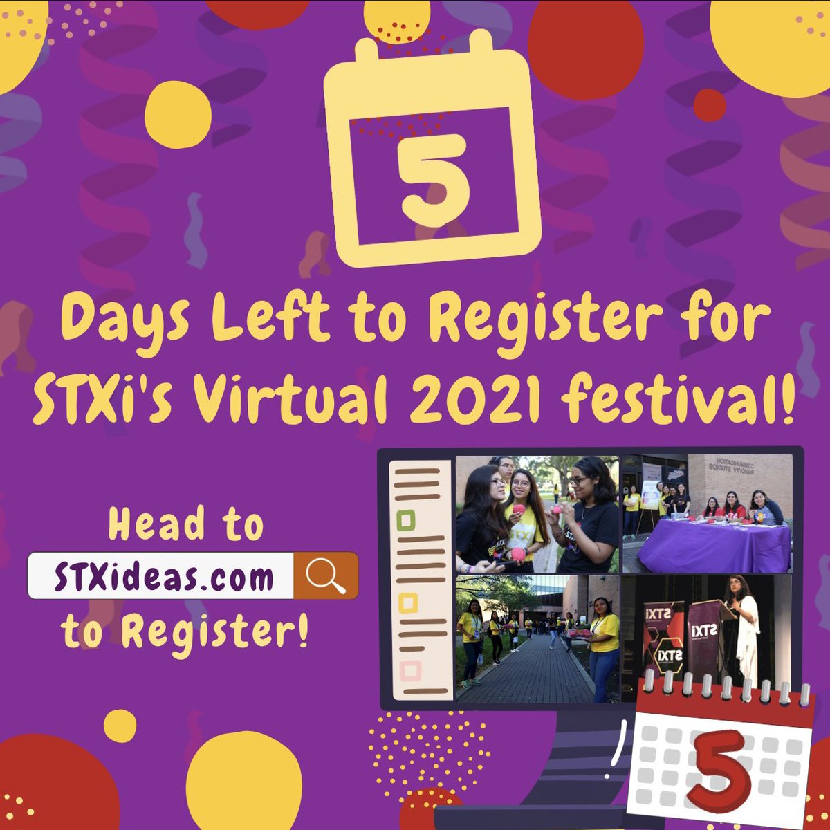stxifest's tweet image. 5 DAYS LEFT TO REGISTER‼️ REGISTER NOW for STXi's Virtual 2021 Festival! Just head to STXIDEAS.COM and click on the register button! Don't miss out on our amazing speakers, interactive activities, supportive idea-sharing, and much more, coming to you this April 24th!🎉