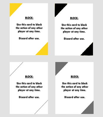 and_scandals's tweet photo. Update 3: In making the final changes to the card art and appearance, we wanted to color-code the front of the cards. There are four types of cards each with a separate color: gold, black, white, or gray. But what style works best? https://t.co/0nJKcIkuOM