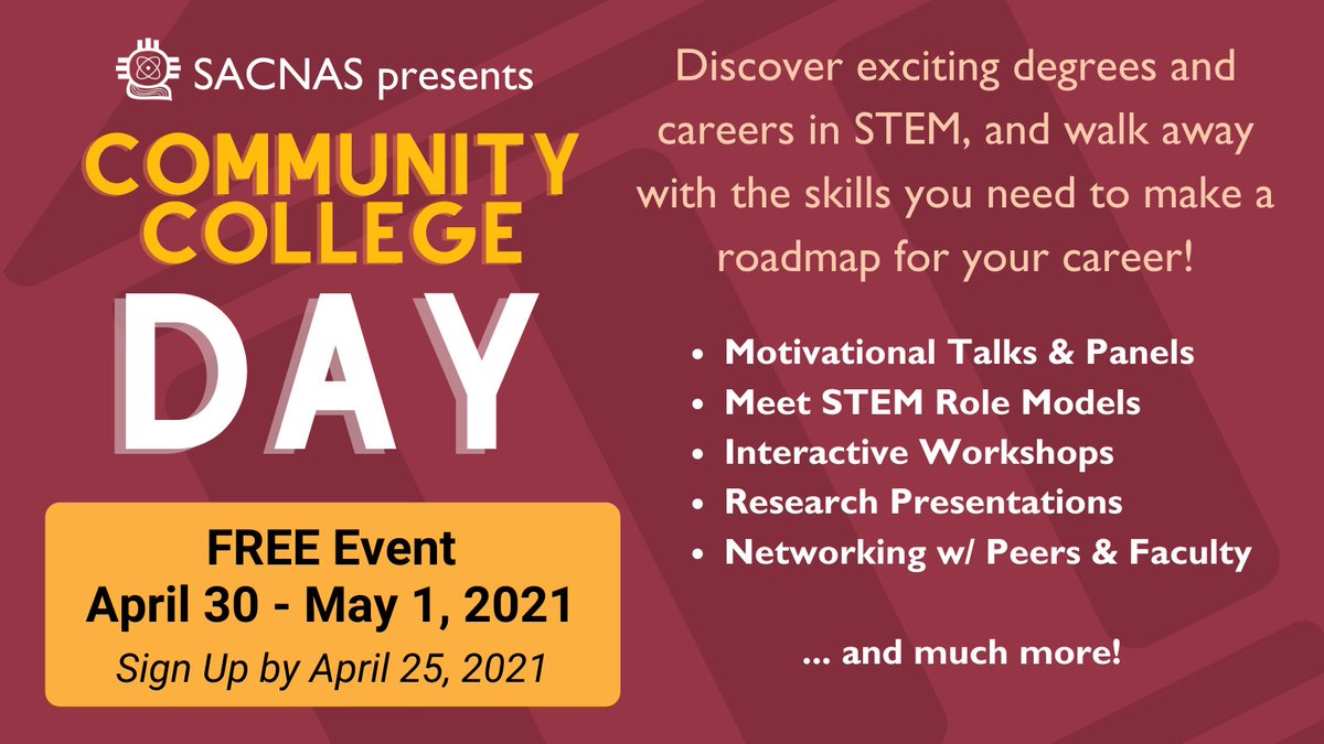 SACNAS's tweet image. Want to discover #careers in #STEM, and how to get there from #communitycollege? Attend our FREE event to hear inspiring talks, take part in interactive workshops, and help you achieve your goals.
Sign up today: bit.ly/3b8W2AT #CCDay2021