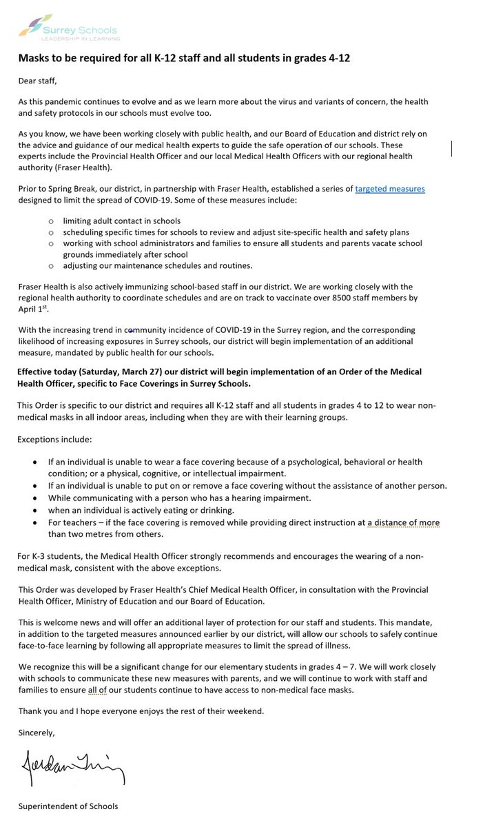 Today we implement a new Order from <a href="/Fraserhealth/">Fraser Health</a> on Face Coverings in Surrey Schools. The Order requires all staff K-12 and all students 4-12 to wear a mask at all times. We rely on the expertise of the PHO, Ministry, and Fraser Health. Thanks to all. #sd36learn