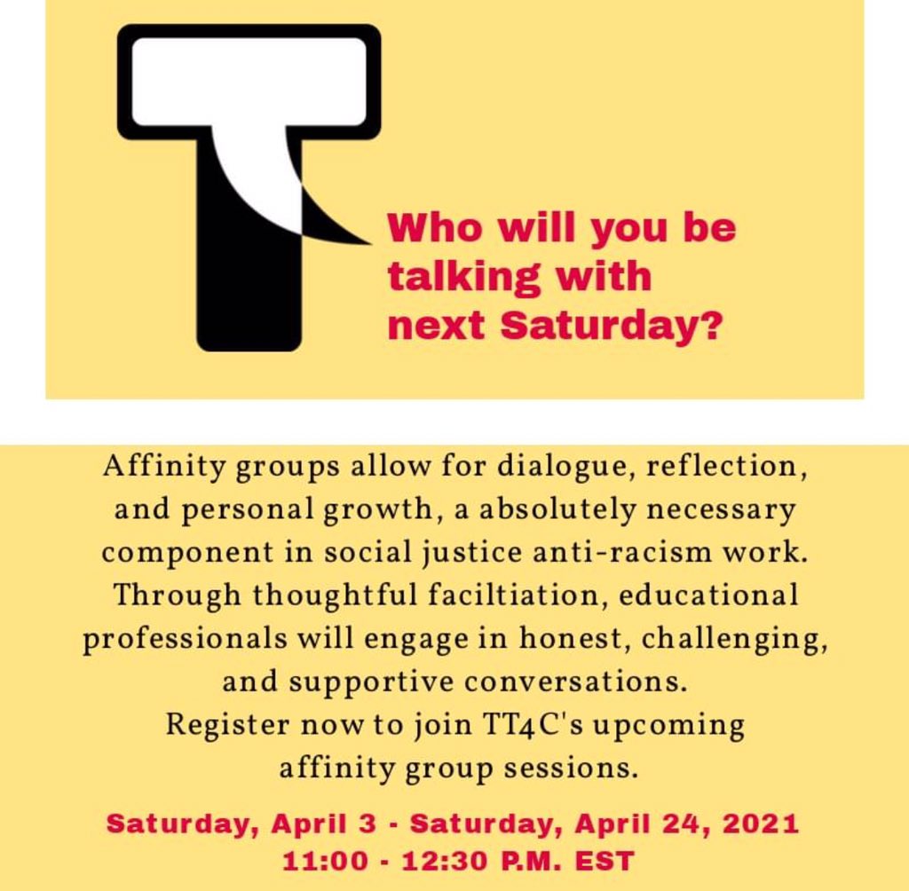 talking4_change's tweet photo. Have you been reading, listening to podcasts/webinars, and attending PD sessions? Take that learning and practice having deep conversations with other educators. Join a supportive community committed to reflection, listening, and honest dialogue. #TT4C #talkingtogether4change https://t.co/f27qsqGwek