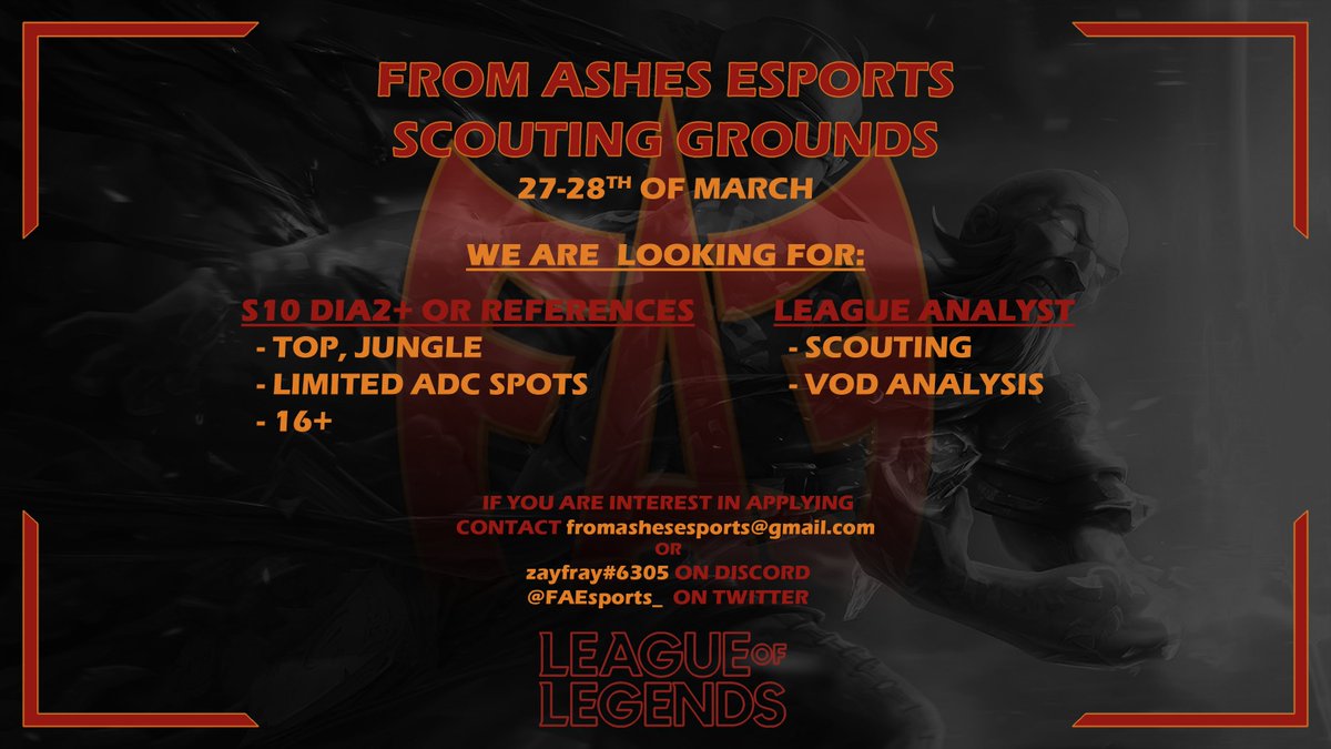 FAE scouting grounds is going to be #streamed at 6:00 EST over at twitch.tv/fromashesespor… 
 Come join us as we see all of our tryouts battle it out! 
#esports #leagueoflegends #FAEWIN