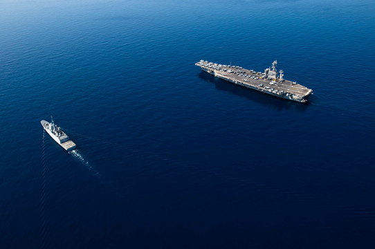 TheCVN69's tweet photo. #NoFilter promise! Some days underway are simple perfect. The Mediterranean Sea is like a sheet of glass and Allies sail alongside - far stronger together we are operating forward to uphold free &amp; open conditions at sea. 🇫🇷⚓️🇺🇸 Thanks @MarineNationale https://t.co/RP866pOVx1