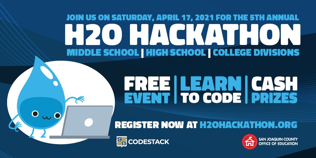 SJCOESTEM's tweet photo. Virtual #H2OHackathon: SJ county middle, high school & college students register at https://t.co/BymJBV2Aos top teams win cash prizes! #h2ohackathon #SanJoaquinCounty #SJCOE #CodestackAcademy #Hackathon #iHubSJ #SFBayDelta @sjcofficeofeducation @Codestackacademy @codestacksj https://t.co/jCeuOmbMZ7