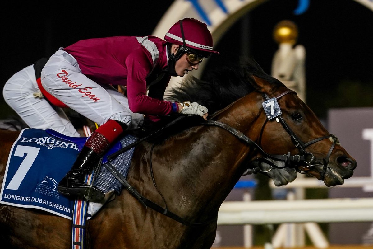 Thady Gosden and @DavidEgan99 accept the trophies for the Longines Dubai Sheema Classic Presented By @Longines , from Mr. Patrick Aoun- Regional Brand Manager for the Middle East & South East Asia at the 25th #DubaiWorldCup on March 27, 2021. @LonginesEq #MeydanRacing