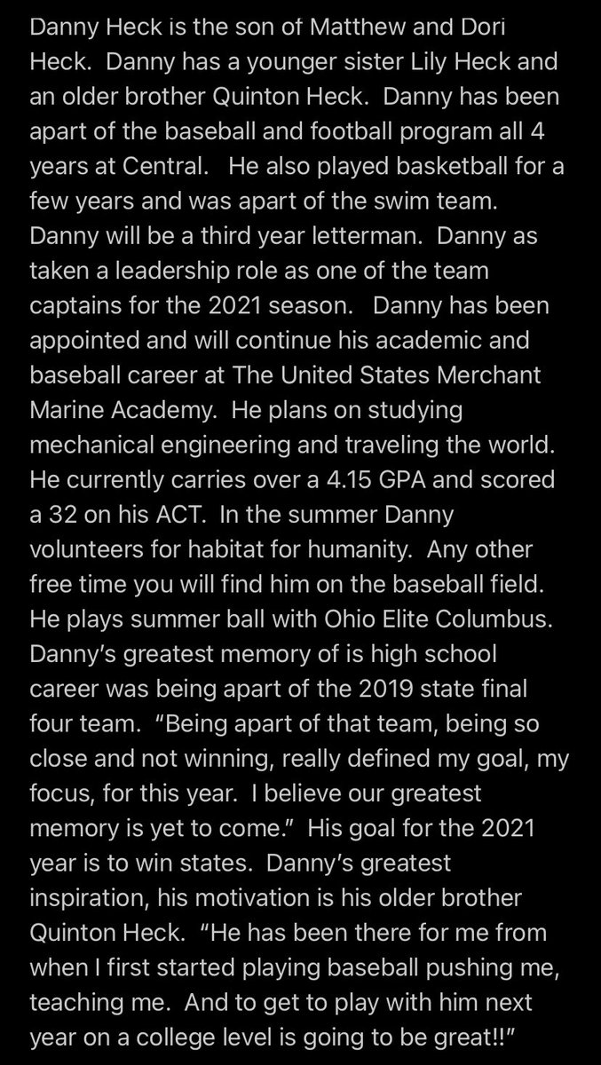 Tonight we would like to showcase another 2021 senior.  <a href="/danny_heck_0/">Danny Heck</a> has been a part of the 2019 state run team, a 3 year letterman and a 2021 captain.  Take a minute to learn about him. #cchsbaseball2021
