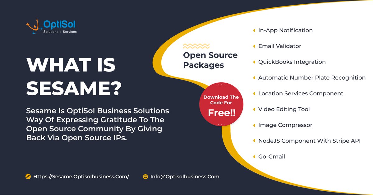 OptiSol's tweet image. Components listed below are built and maintained by #OptiSol using #OpenSourceprogramming languages and they are open for downloads. #Sesame sesame.optisolbusiness.com

#opensourcesoftware #ArtificialIntelligence #ML #AI #softwaresupport #Quickbooks #automationtools #NodeJS