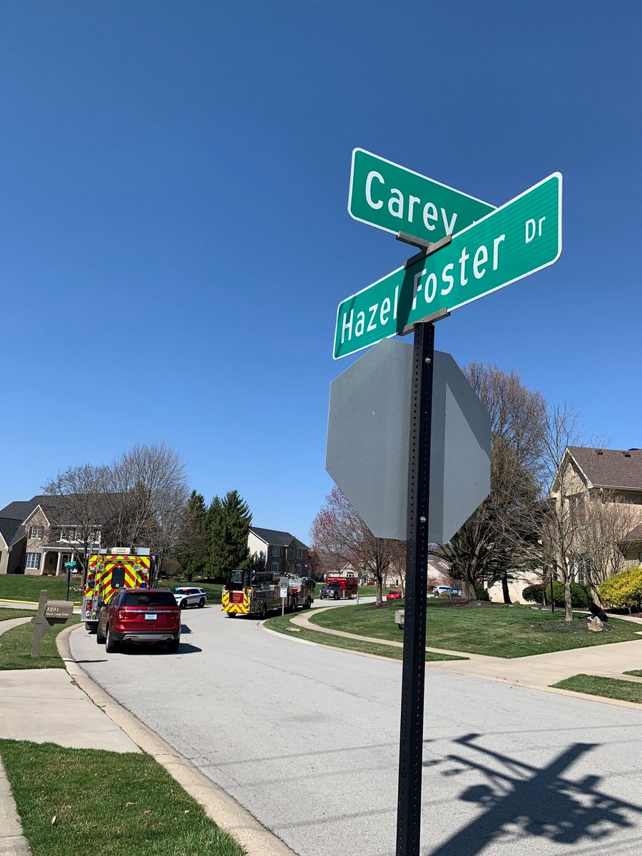 Carmel_Police's tweet photo. Hazel Foster Drive is closed at Carey Road due to a residential fire.  Please avoid the area and find an alternate route. https://t.co/vAztvEi2hp