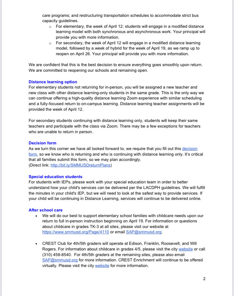 SpeakUpParents's tweet photo. Santa Monica Unified has finalized its plan to reopen fully at all grade levels without hybrid instruction after spring break. Why is ⁦@LASchools⁩ offering so much less? https://t.co/qo6VOdLWls