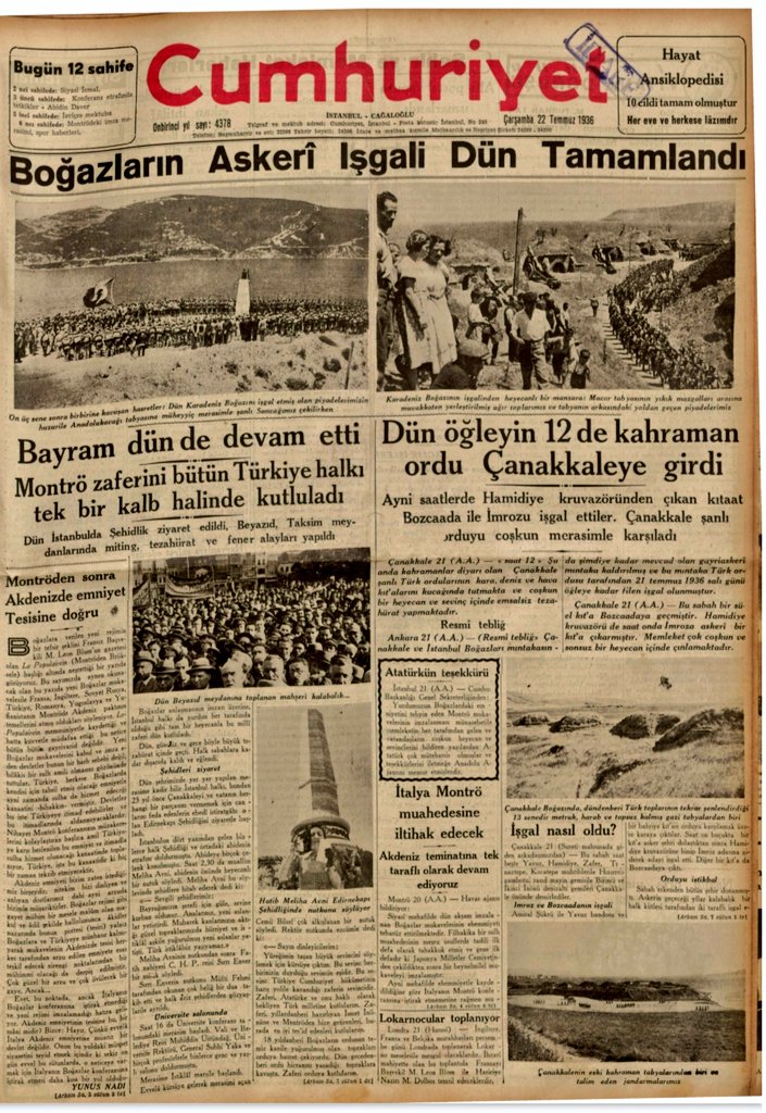 SMEYDAN's tweet photo. Montrö Sözleşmesi sonrası dünya basınında atılan manşetlerden biri:

"Atatürk'ün Türkiyesi Abdülhamit'in Türkiyesi Değildir.Avrupa'nın hasta adamı iyileşmiş ve Anadolu'nun kuvvetli adamı olarak karşımıza çıkmıştır"

(Cumhuriyet,22 Temmuz 1936,s.5)

Dertleri,Atatürk Türkiyesi'dir! https://t.co/ye4bzD6Jm5
