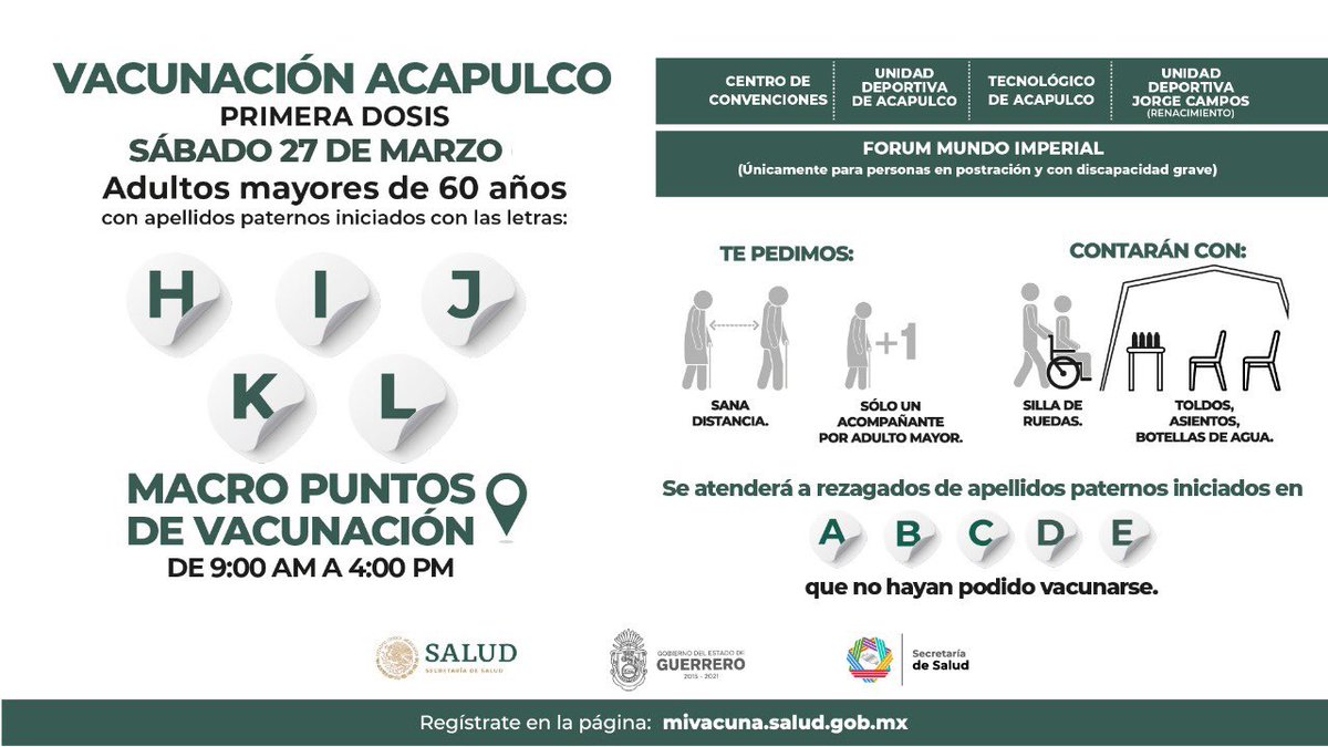 GuerreroComSoc's tweet photo. Este sábado se desarrolla con normalidad la jornada de vacunación en el Centro de Convenciones para personas de la tercera edad radicadas en Acapulco. Adultos con apellidos paternos que inicien en las letras H, I, J, K y L pueden acudir con su documentación y registro. https://t.co/y38xIBv0Ih